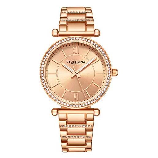 Stuhrling, orologio da donna al quarzo, con lunetta borchiata di cristallo e bracciale in acciaio inossidabile (oro rosa), oro rosato, orologio al quarzo