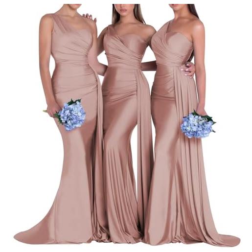 Generico abiti da damigella d'onore monospalla da donna per abiti da sposa in raso a sirena abiti da ballo lungo treno high fork abiti da sera formali dusty rose xs