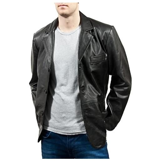 Vintagearc giacca da uomo in vera pelle di agnello a 3 bottoni, comoda giacca casual in pura pelle. , nero , xxl