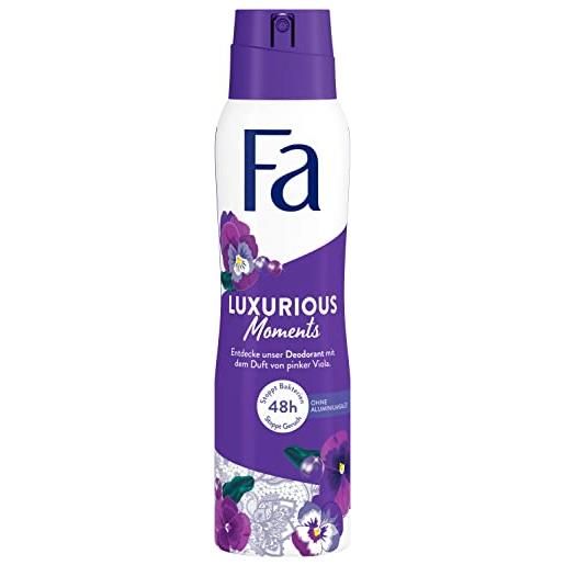 Fa deodorante spray luxurious moments (150 ml), deodorante con il lussuoso profumo di viola rosa, deodorante senza alluminio per una protezione fino a 48 ore, non lascia residui di deodorante sui