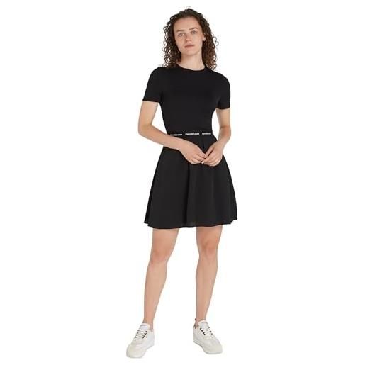 Calvin Klein Jeans women's logo elastic short sleeve dress fit & flare dresses, ck black, l