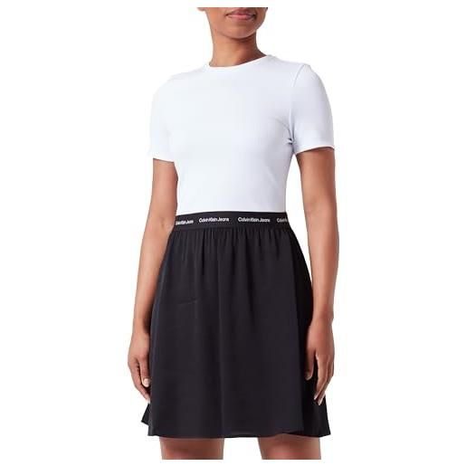 Calvin Klein Jeans women's logo elastic short sleeve dress fit & flare dresses, bright white / ck black, l