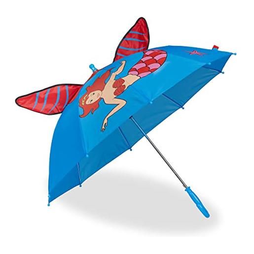 Relaxdays ombrello per bambini, con sirena in 3d, ombrellino parapioggia con bastone, bimba e bimbo, ø 78 cm, blu rosso