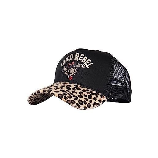 Queen Kerosin berretto da camionista da donna, motivo leopardato, berretto da motociclista, pelliccia leopardata, ricamo frontale, cappellino in rete, 7 fori, nero , taglia unica