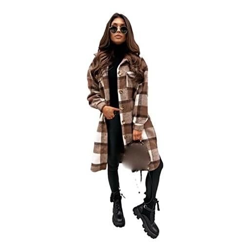Pulcykp camicette lunghe scozzesi cappotto donna casual camicia vintage giacca miscele soprabito stampato, caff, xl