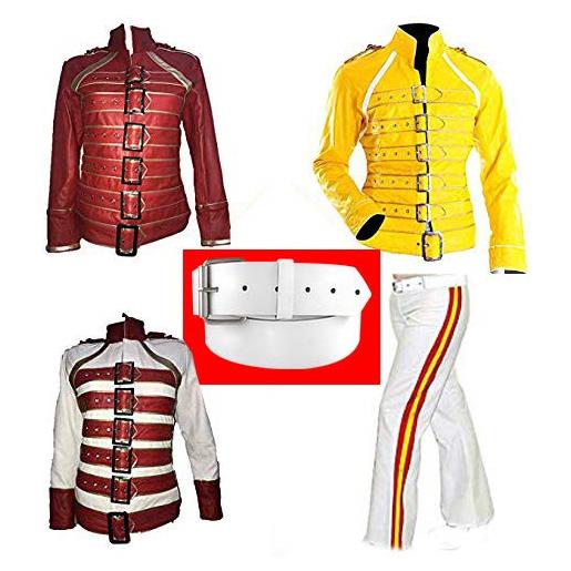 e_Genius freddie mercury queen wembly stadium concert rock band - giacca in finta pelle per cosplay, giallo freddie faux giacca, l