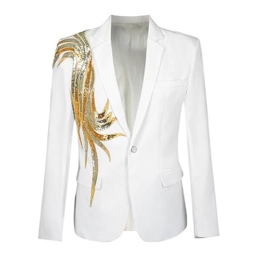 RUMAOZIA blazer vintage con ricamo in oro da uomo, slim fit, giacca blazer, giacca con ali e piume, decorazione per il tempo libero, con paillettes e paillettes, bianco, xl
