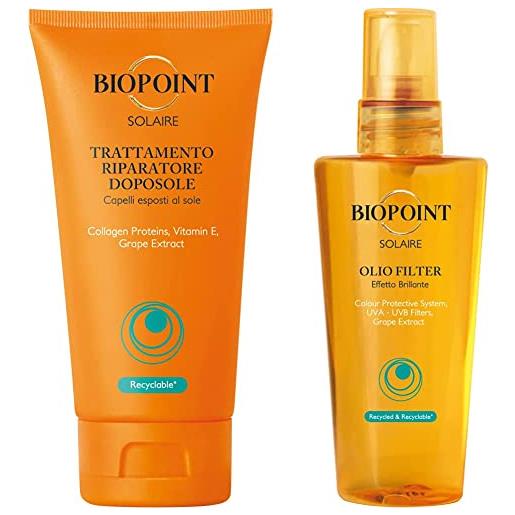 Biopoint trattamento riparatore doposole, 150ml + biopoint olio solare per capelli effetto glossato 100 ml - nutre e rivitalizza i capelli, donando un effetto liscio, ordinato e brillante