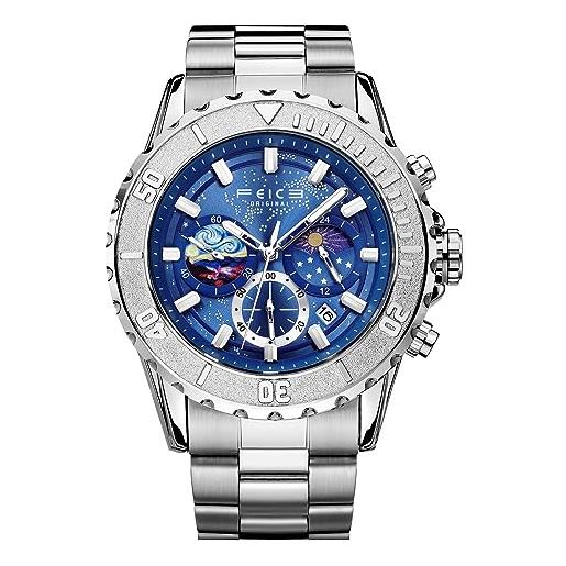 FEICE orologio al quarzo da uomo quadrante multiplo 24 ore calendario moda business orologio casual unico blu fk131
