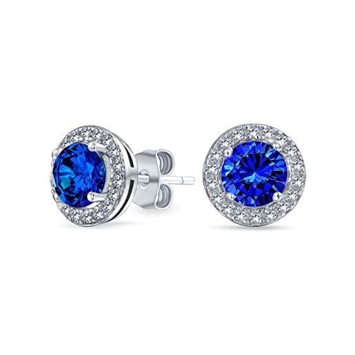 Bling Jewelry orecchini a perno con zaffiro simulato blu reale del solitario halo per le donne. 925 sterling silver 8mm