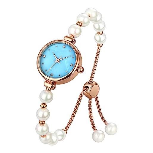 Forrader orologi da donna elegante set braccialetto oro rosa strass orologio al quarzo da donna con perle naturali braccialetti orologi da donna, bianco/blu. 