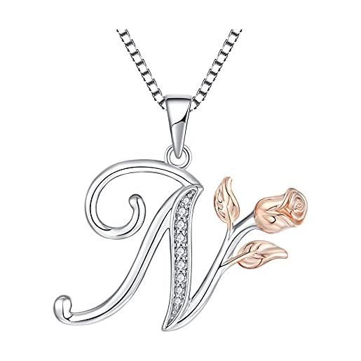 Starchenie collana alfabeto con rose collana lettera n ciondolo zirconi collana in argento 925 da donna