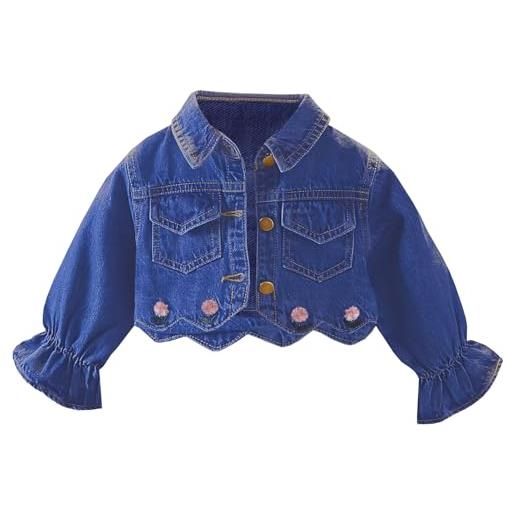 L SERVER giacca di jeans per bambini ragazze a vita alta giacca corta elegante giacca di mezza stagione cappotto classico per la primavera e l'autunno, blu scuro, 134 cm-140 cm