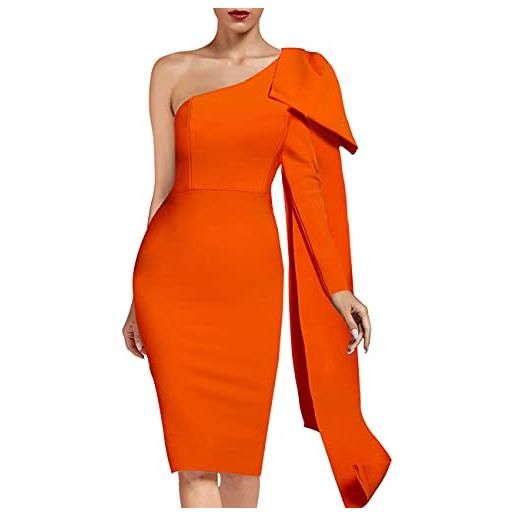 UONBOX abito da donna a maniche lunghe con fiocco, da donna, lunghezza al ginocchio, con fasciatura, arancione, m