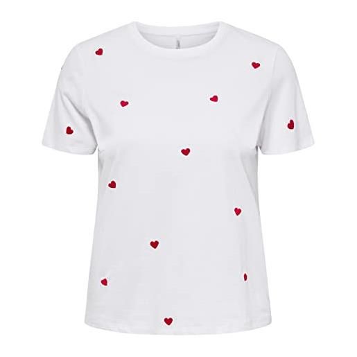 Only onlketty s/s o-neck top box jrs t-shirt, bianco brillante/aop: cuore, m donna