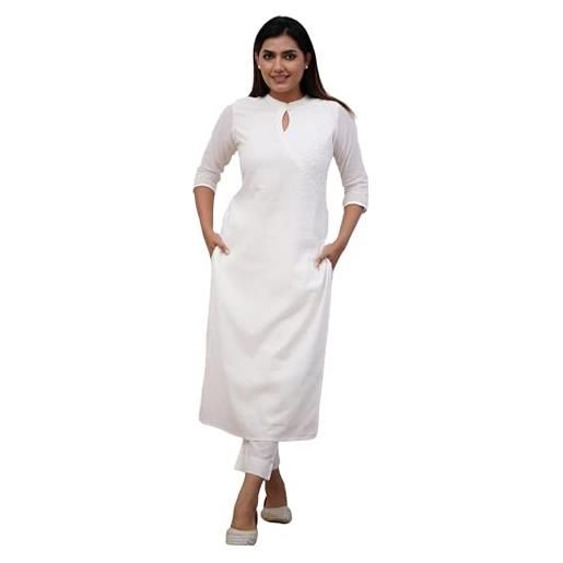 INDACORIFY bellissimo abito da lavoro ricamato in cotone kurti di cotone con pantaloni abito indiano per donna (xxl, bianco)