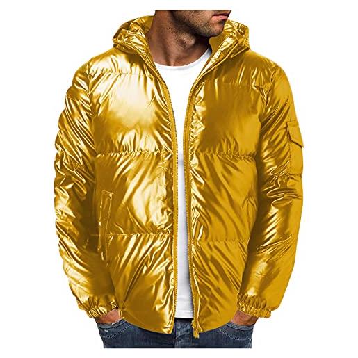 KAGAYD giacca invernale da uomo, con colletto alto, lucido, spessa, con zip sciolta, elasticizzata, antivento, con pratiche tasche, giacca per le mezze stagioni, giallo. , l