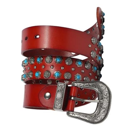ExkaTe cintura in pelle neutra stile gotico punk rock fibbia regolabile con punte intagliate cintura con decorazione a rivetti in cristallo lucido(120cm/waist: 41, brown)