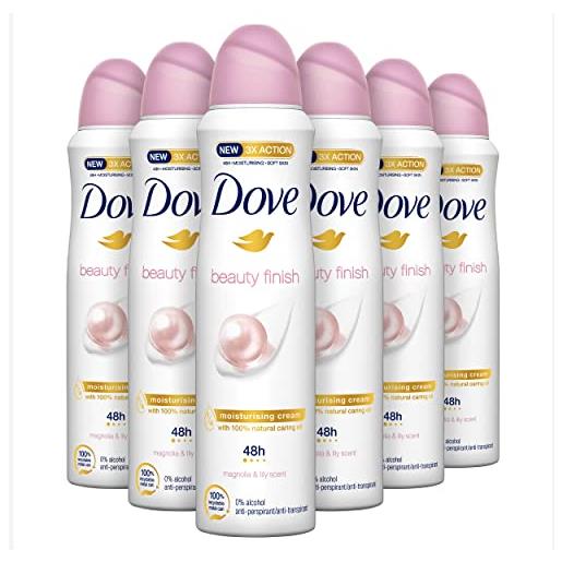Dove, deodorante spray beauty finish, con 1/4 crema idratante, con minerali e vitamina e, antitraspirante, senza alcool, pelle asciutta fino a 48 ore, deodorante uomo e donna, 6 pezzi da 150 ml
