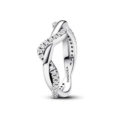 Pandora timeless anello, in argento sterling a doppia onda con zirconia cubica trasparente, 56