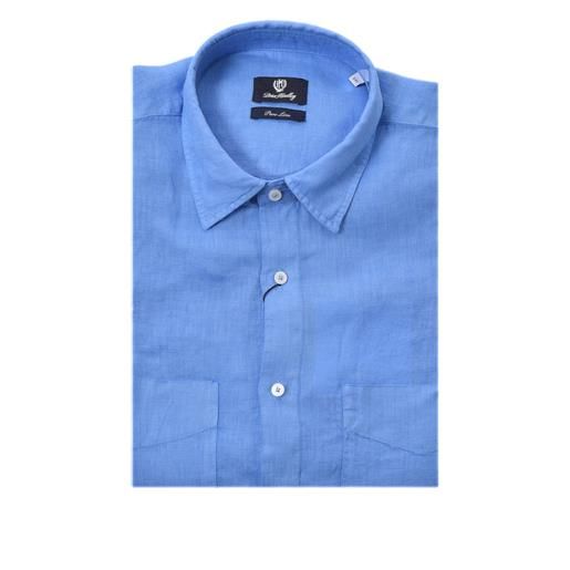 PETER HADLEY camicia pocke maniche corte azzurra in lino