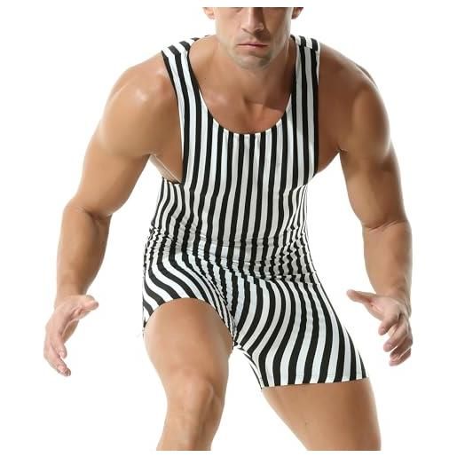 QiaTi tuta da uomo per wrestling singlets sport athletic supporters uniform training leotard jumpsuits striped one piece body, piccola righe, xl
