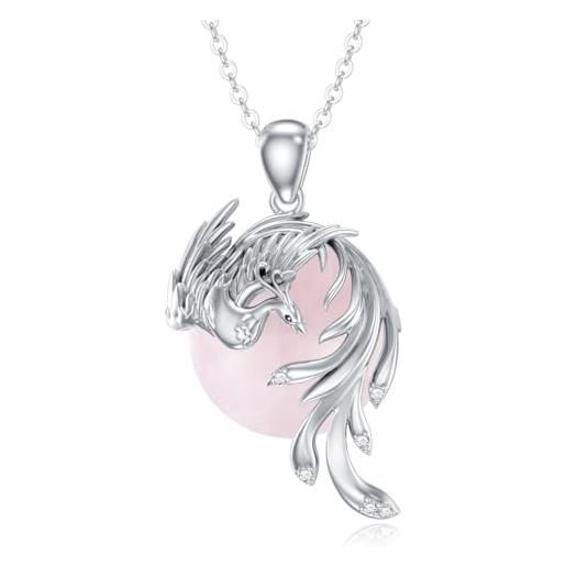 SLIACETE collana da donna in argento sterling 925, con ciondolo a forma di fenice e quarzo rosa, argento sterling, quarzo