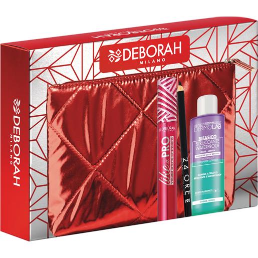 Deborah pochette metallizzato rosso contenente: mascara like a pro + matita occhi 24h n. 251 + mini struccante bifasico dermolab