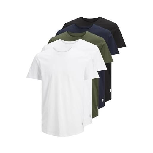 Jack & jones jjenoa tee ss crew neck 5pk mp t-shirt, multicolore (white/detail: 2 white/1 black/1 navy /1 forest), xl uomo