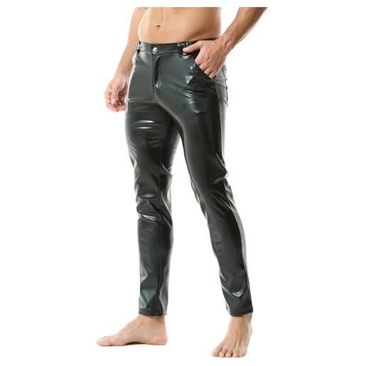 QiaTi pantaloni da uomo in similpelle casual, elasticizzati, in pelle pu, colore nero, dritto, slim fit, per moto, notte, club, pantaloni lunghi, nero , l