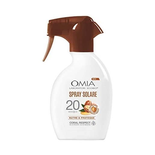 Omia, spray solare protettivo spf20 viso e corpo con olio di argan del marocco, protezione solare bassa, per pelli moderatamente scure e olivastre, dermatologicamente testato, flacone da 200 ml