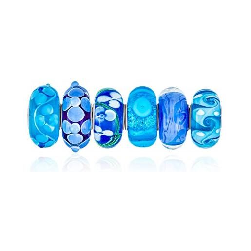 Bling Jewelry set misto di 6 perle di charm in argento 925 con nucleo traslucido e sfumature di blu di murano, perle di vetro vortice, distanziatore per bracciale europeo per donne adolescenti