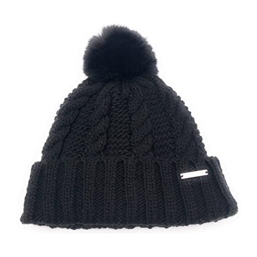 Michael Kors berretto da donna, berretto con pompon, berretto di lana, berretto invernale, taglia unica, lavorato a maglia, morbida lana acrilica, logo, nero , taglia unica