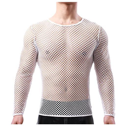 QiaTi maglietta intima da uomo, canotta in rete a maniche lunghe trasparente, a#rosa. , m