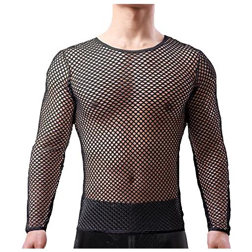 QiaTi maglietta intima da uomo, canotta in rete a maniche lunghe trasparente, a# nero. , xl