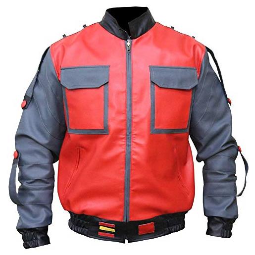 Suiting Style giacca da motociclista in pelle sintetica da uomo, rosso e grigio, leggera, back to the futur part 2, rosso e grigio. , s