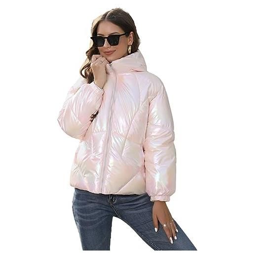 aromm donna inverno cappotto con cappuccio lucido rosa cotone imbottito corto caldo piumino giacca con tasche, m