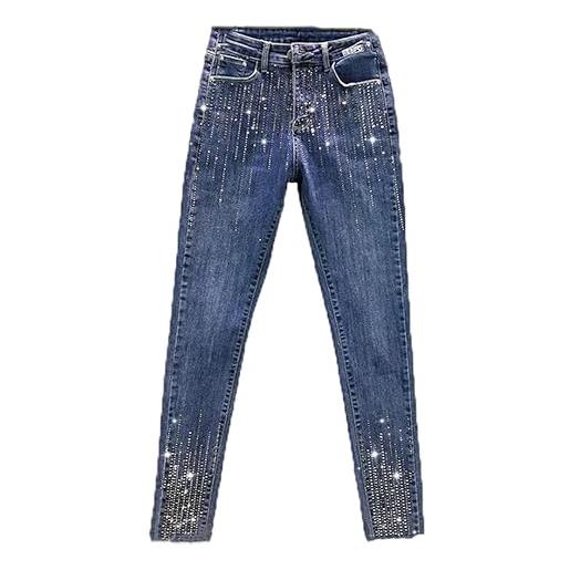 Vogrtcc jeans skinny da donna a vita media con strass con tasche jeans aderenti aderenti alla caviglia con gamba dritta blue l