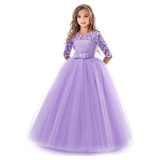 Absead ragazza pizzo nozze festa principessa lungo vestito taglia 160(11-12 anni, viola)