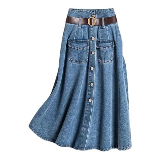 CBLdF gonna lunga jean gonna primavera-estate femminile di moda per pendolare a cintura a petto singolo in denim-blu-l