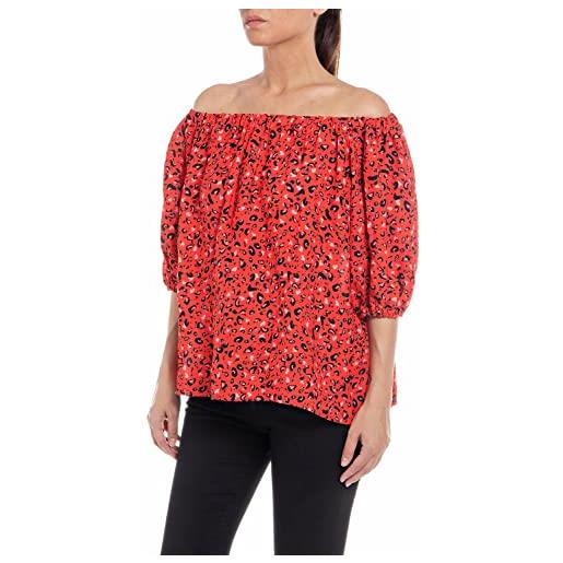 REPLAY blusa donna spalle scoperte in viscosa, rosso (red/pink/black 010), m