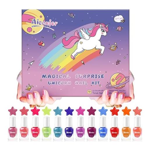 Aieenjor set di smalti per unghie per bambini, non toxic peel-off quick dry 12 colori nail polish, cofanetto regalo per ragazze 3+ bambini