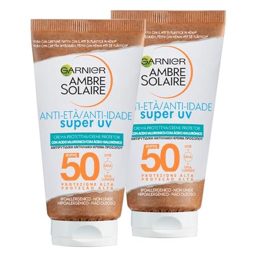 Garnier ambre solaire crema solare viso protettiva anti-età super uv acido ialuronico spf 50 protezione alta idratante formula ipoallergenica - 2 flaconi da 50ml