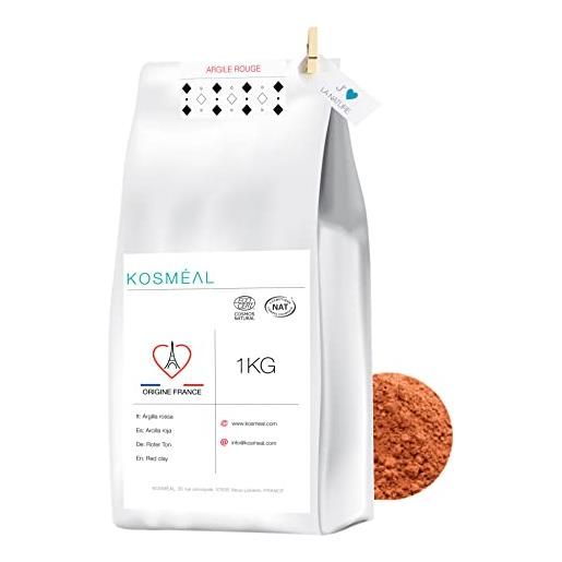 KOSMÉAL argilla rosso in polvere ventilata francese 1kg - 100% puro e naturale - imballaggio ecologico carta kraft bianca