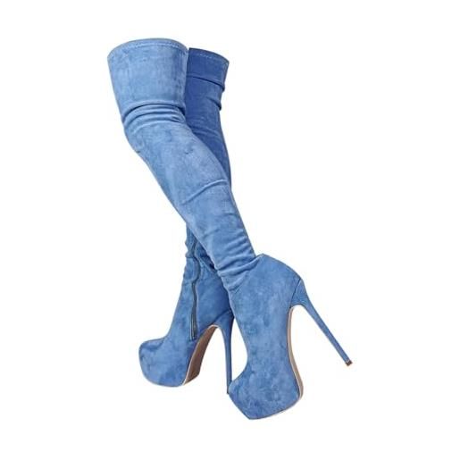 blingqueen stivali elasticizzati da donna sopra il ginocchio, con plateau, blu jeans, 39 eu