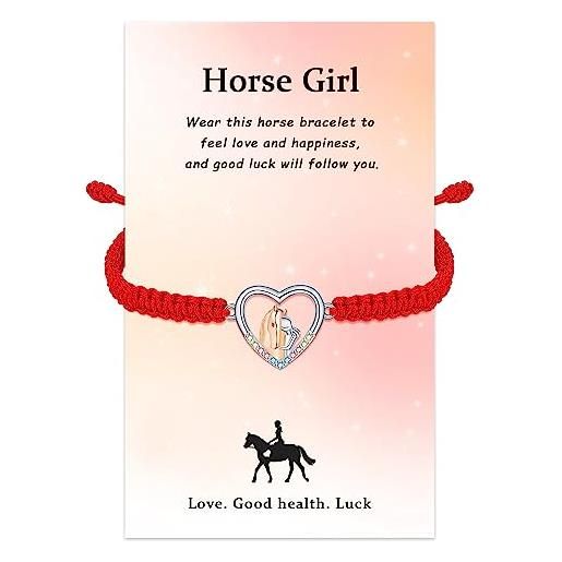 J.Endéar bracciale cavallo per donne ragazze, argento 925 corda fatta a mano cuore bracciale cavallo ragazza gioielli per gli amanti del cavallo fortuna regalo, rosso
