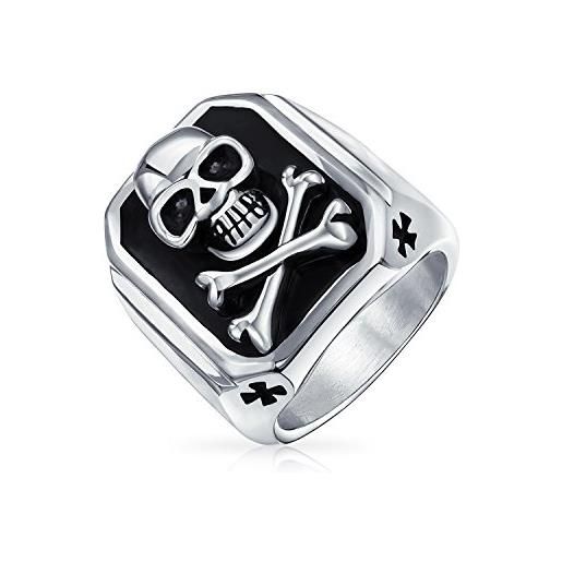 Bling Jewelry anello sigillo rettangolare in acciaio inossidabile tonalità argento con teschio e ossa incrociate di pirati dei caraibi smalto nero per uomini e ragazzi