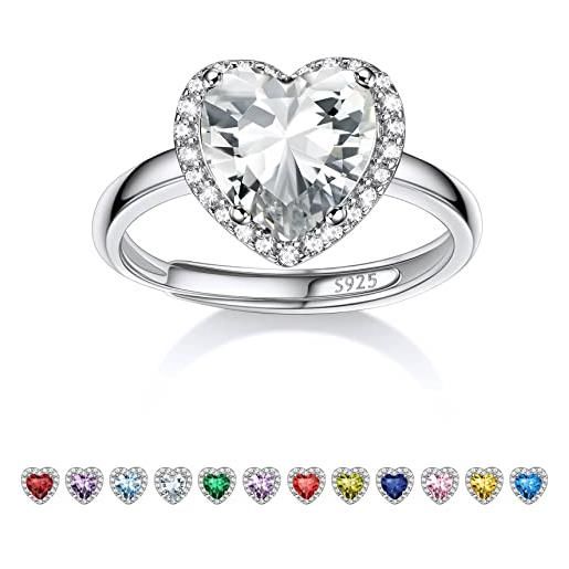 Bestyle anello da donna in argento 925 regolabile con pietra diamante aprile, anello regolabile con pietra portafortuna cuore anello in argento 925 donna, confezione regalo