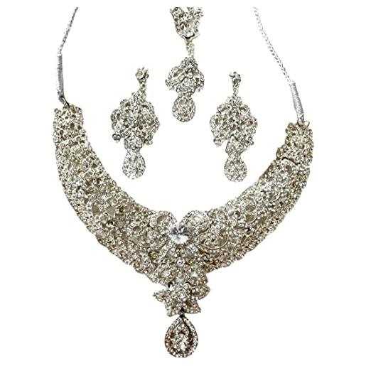 Generic1 set di gioielli in argento per donna con strass, collana e orecchini tikka pakistani indiani del bangladesh, ideali per abiti da sposa e feste, gemma, strass