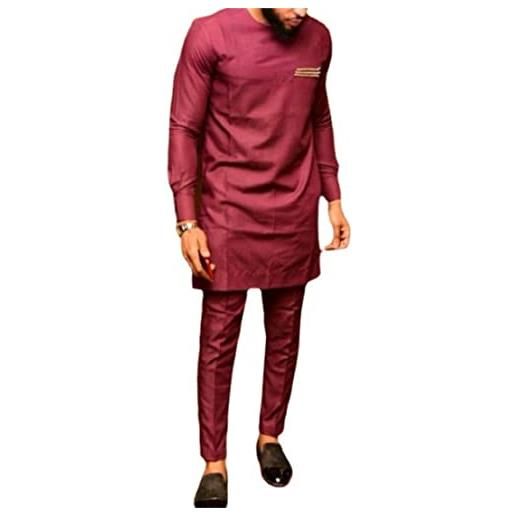 Andiwa abbigliamento da uomo africano 2 pezzi set abiti tradizionali dashiki camicia e pantaloni vestiti a maniche lunghe, rosso, l